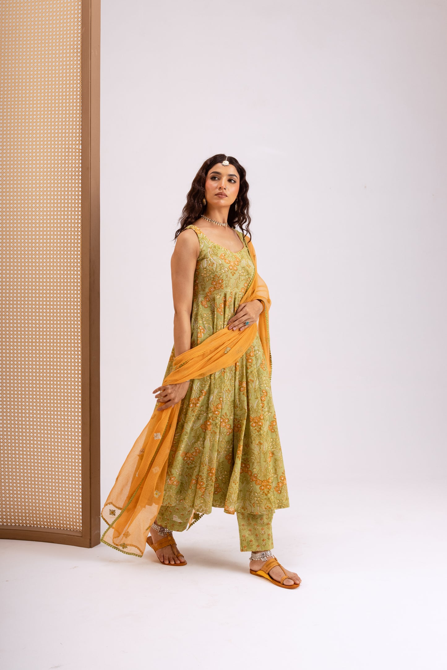 Apple Green X Orange Jaal - Sleeveless