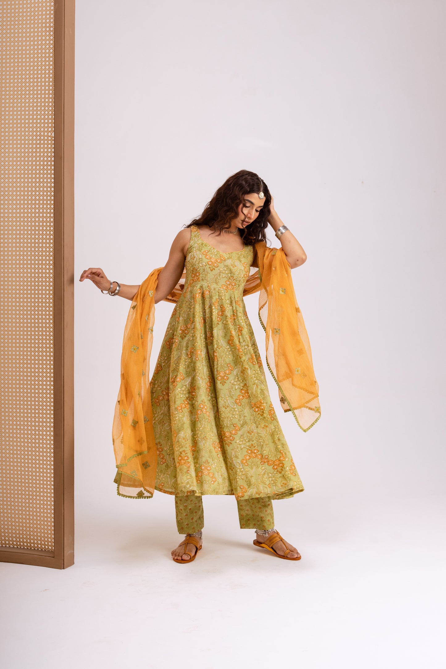 Apple Green X Orange Jaal - Sleeveless