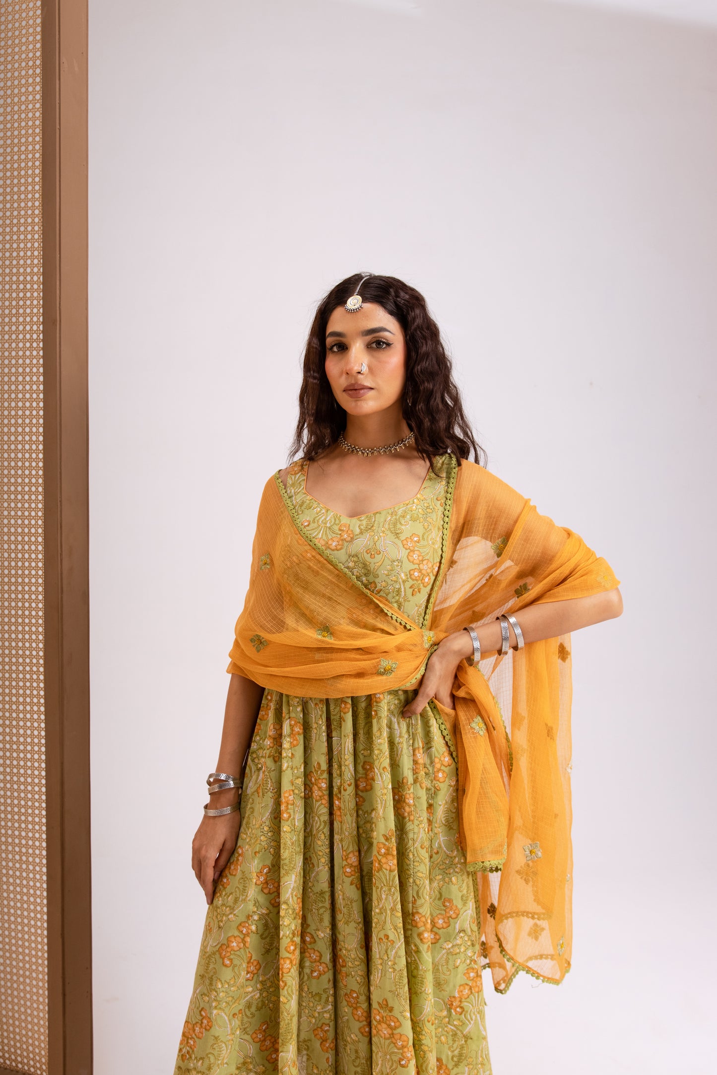 Apple Green X Orange Jaal - Sleeveless