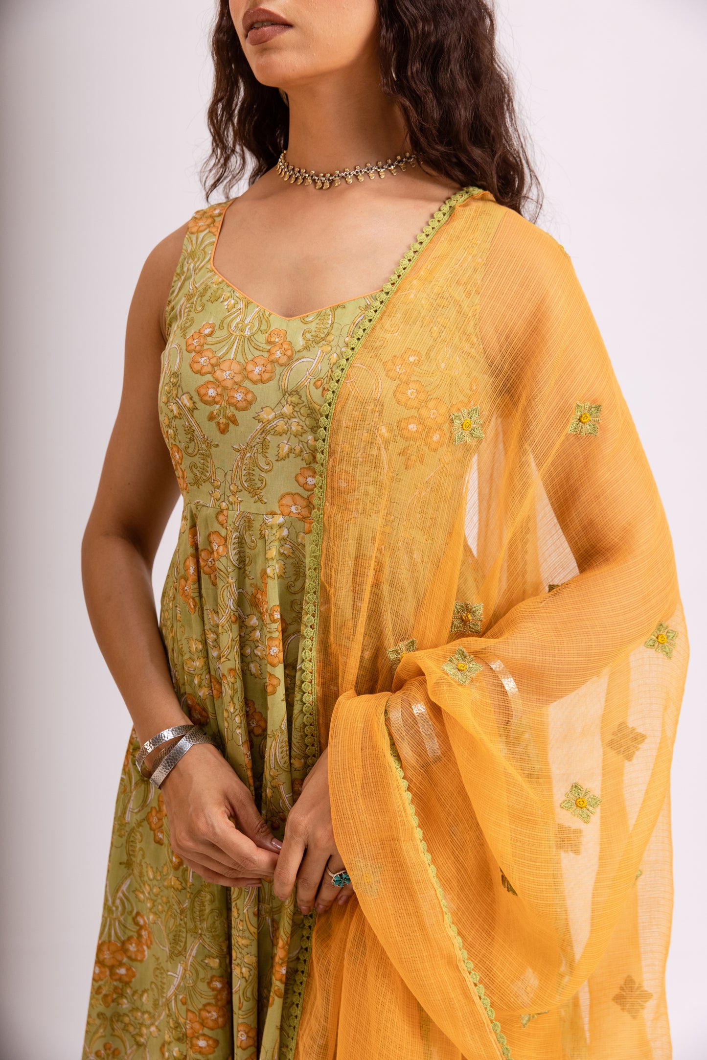 Apple Green X Orange Jaal - Sleeveless
