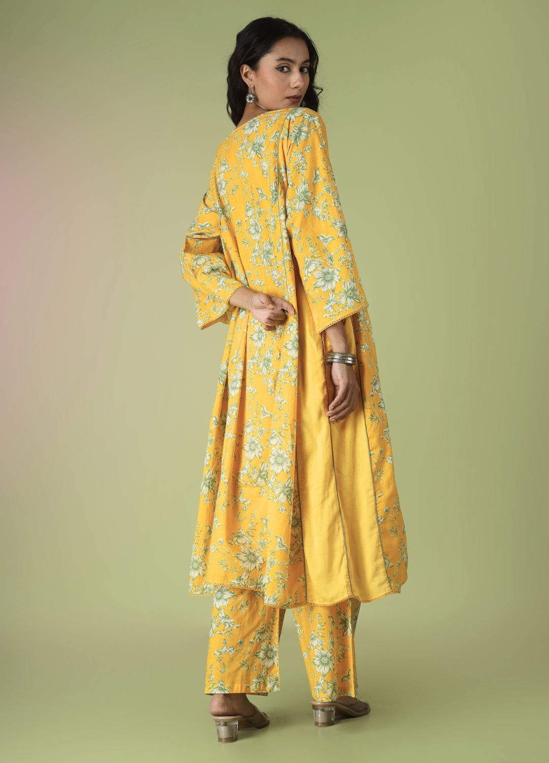 Yellow Printed Side Gathered Anarkali Set