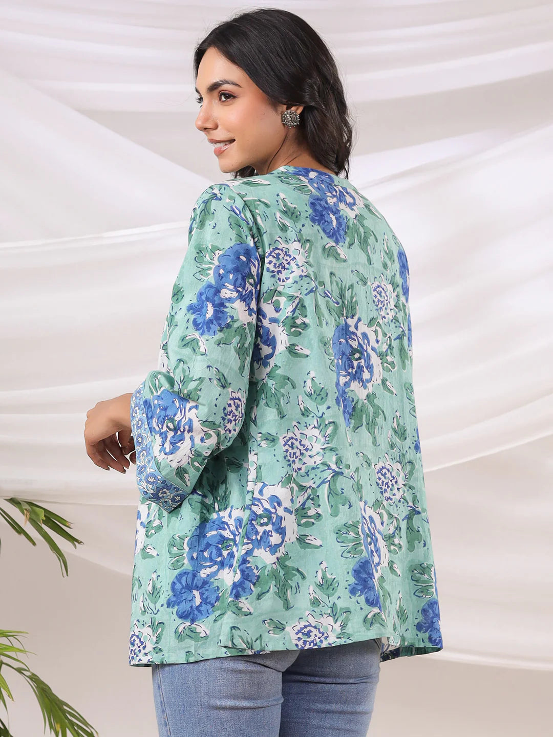 Blue & Green Handblock Printed Cotton Inner & Jacket Set