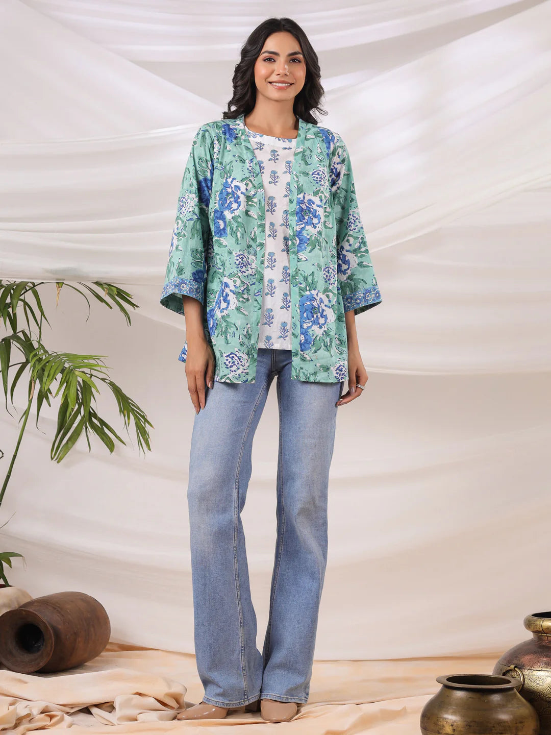 Blue & Green Handblock Printed Cotton Inner & Jacket Set