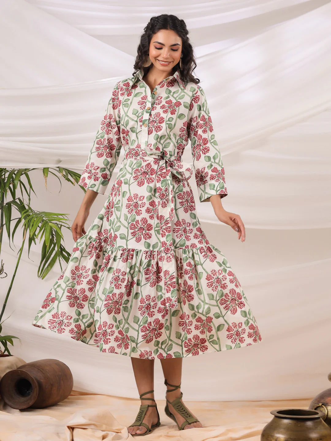 White Printed Collared Dress with Pockets