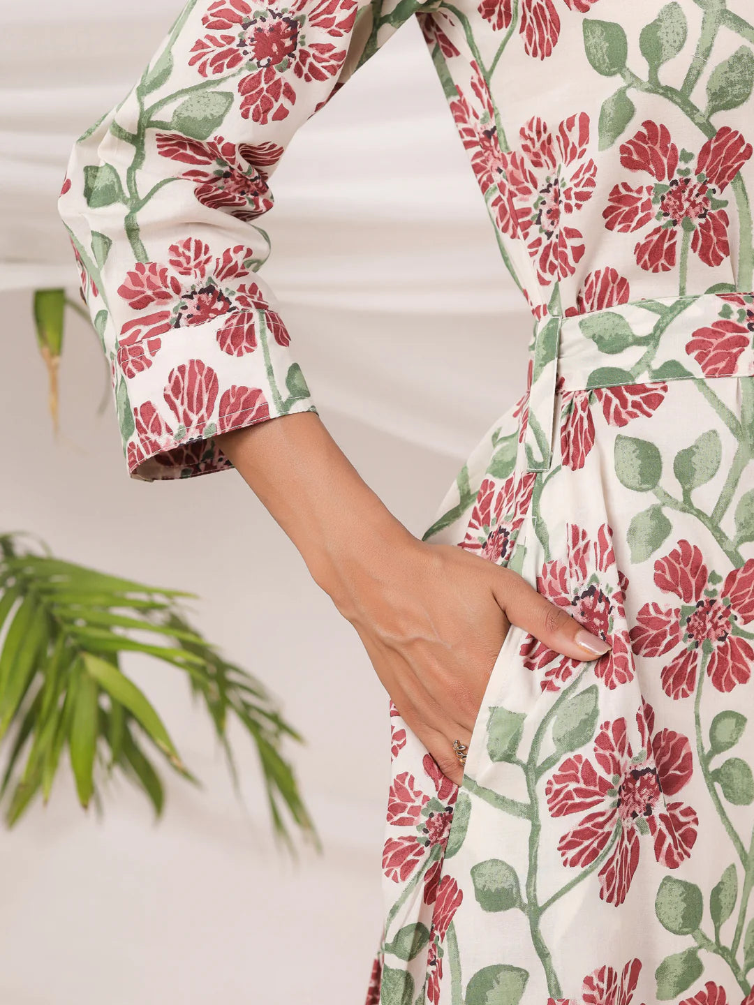 White Printed Collared Dress with Pockets