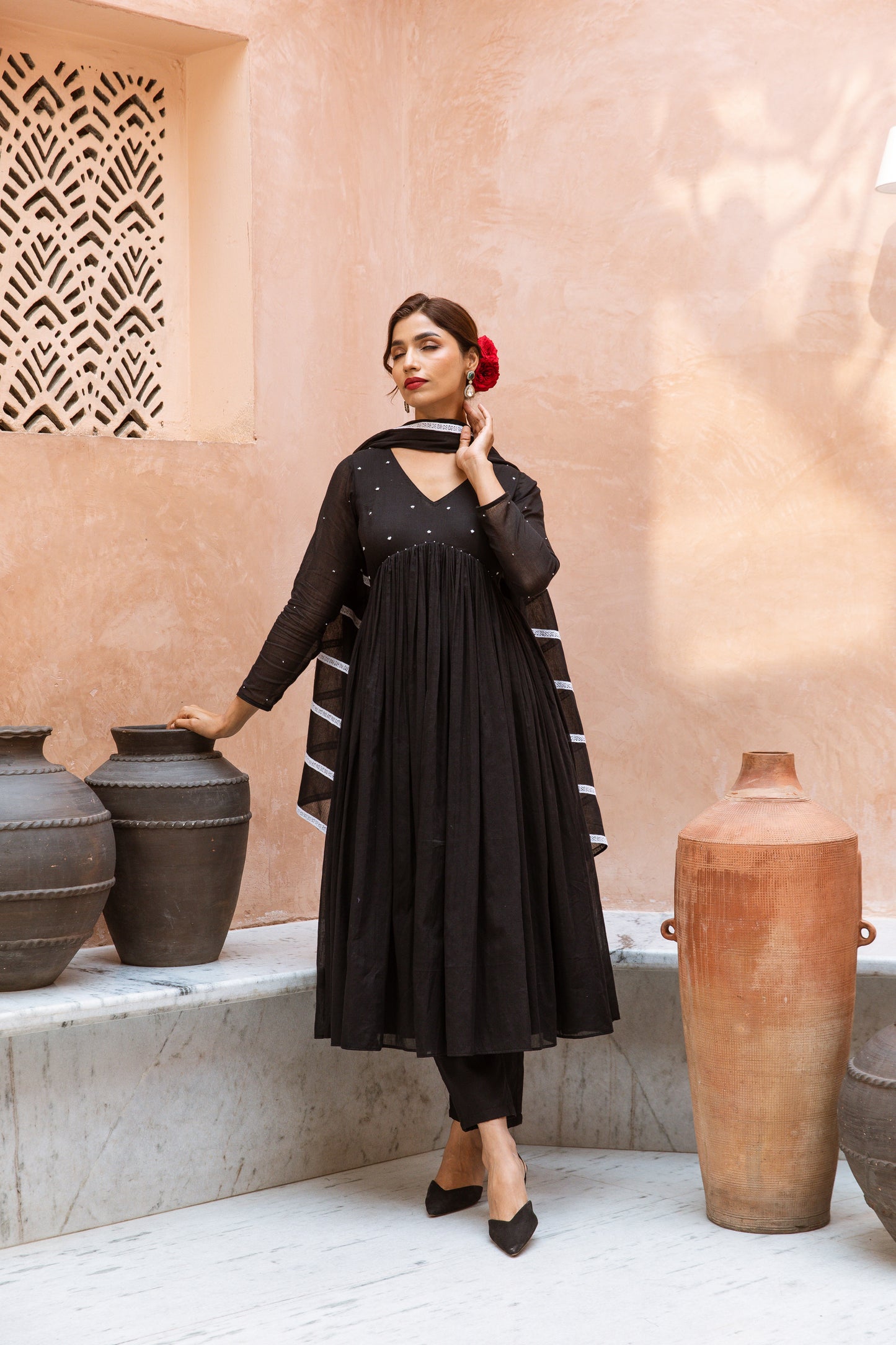 V Neck Anarkali Black