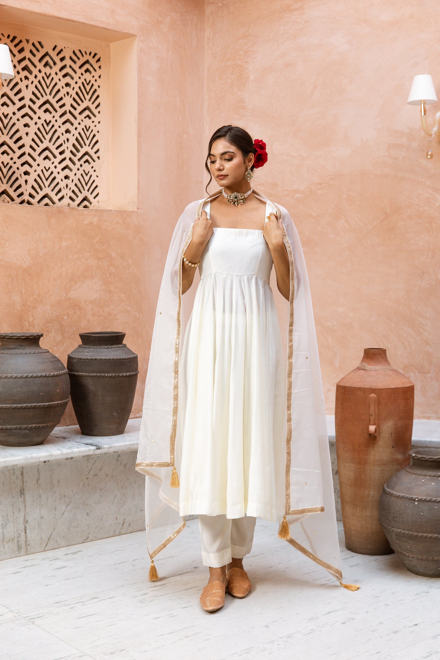 Anarkali Sleeveless White
