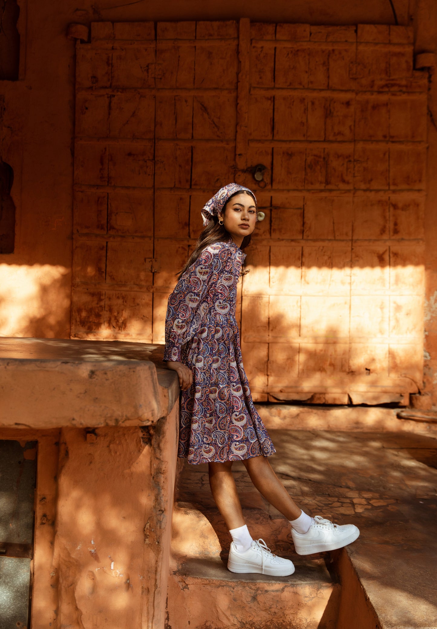 Blue Printed Collar Neck Dress
