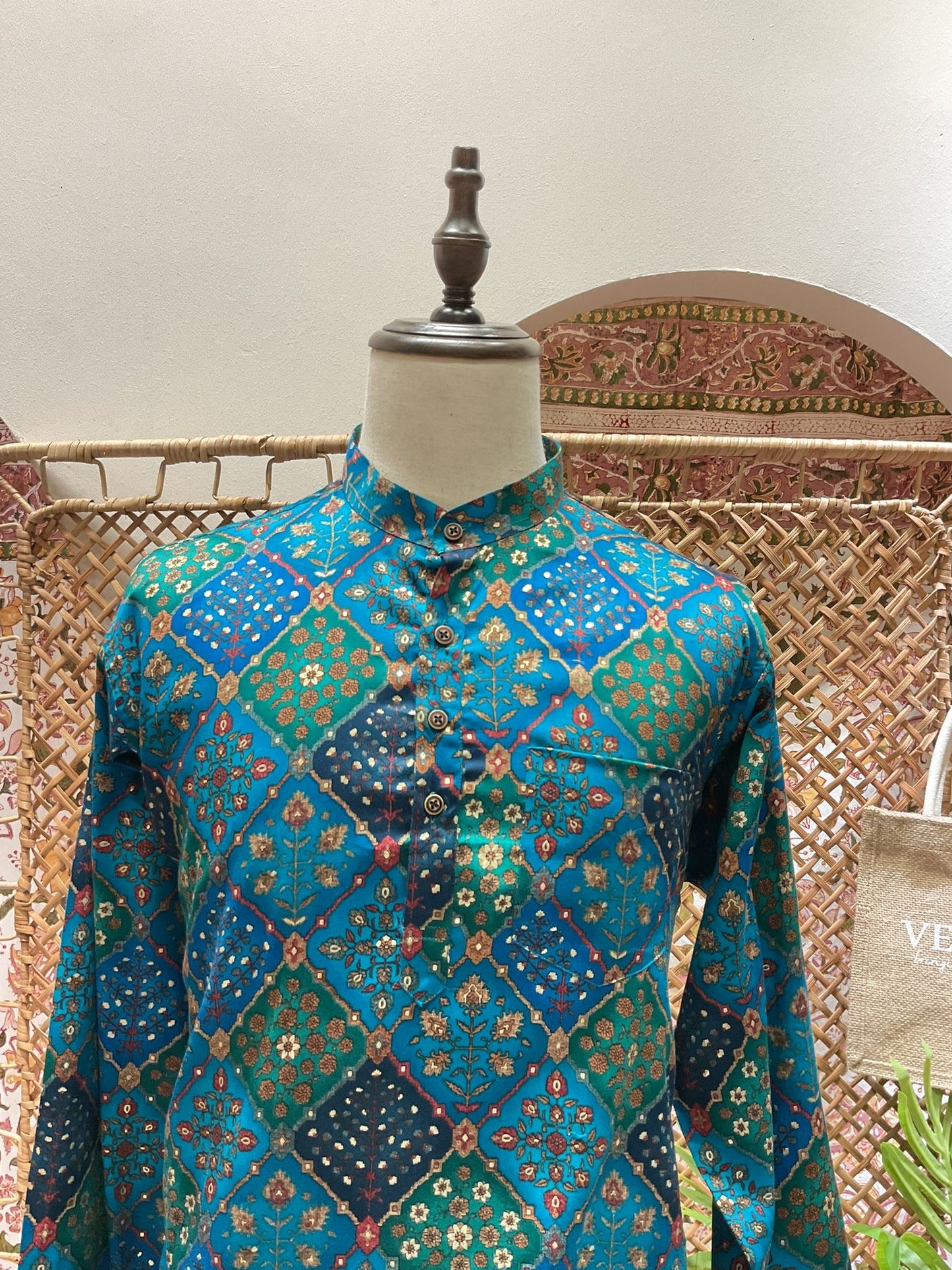 Teal Blue Patchwork Short Kurta