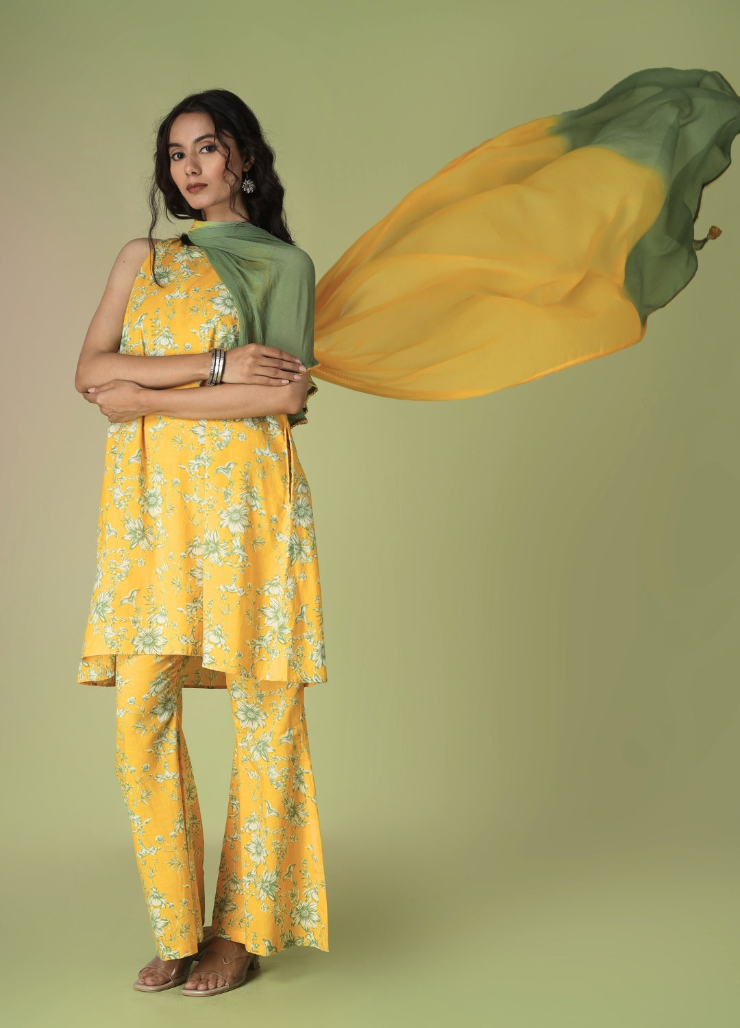 Yellow Sleeveless Kurta with Flared Pants