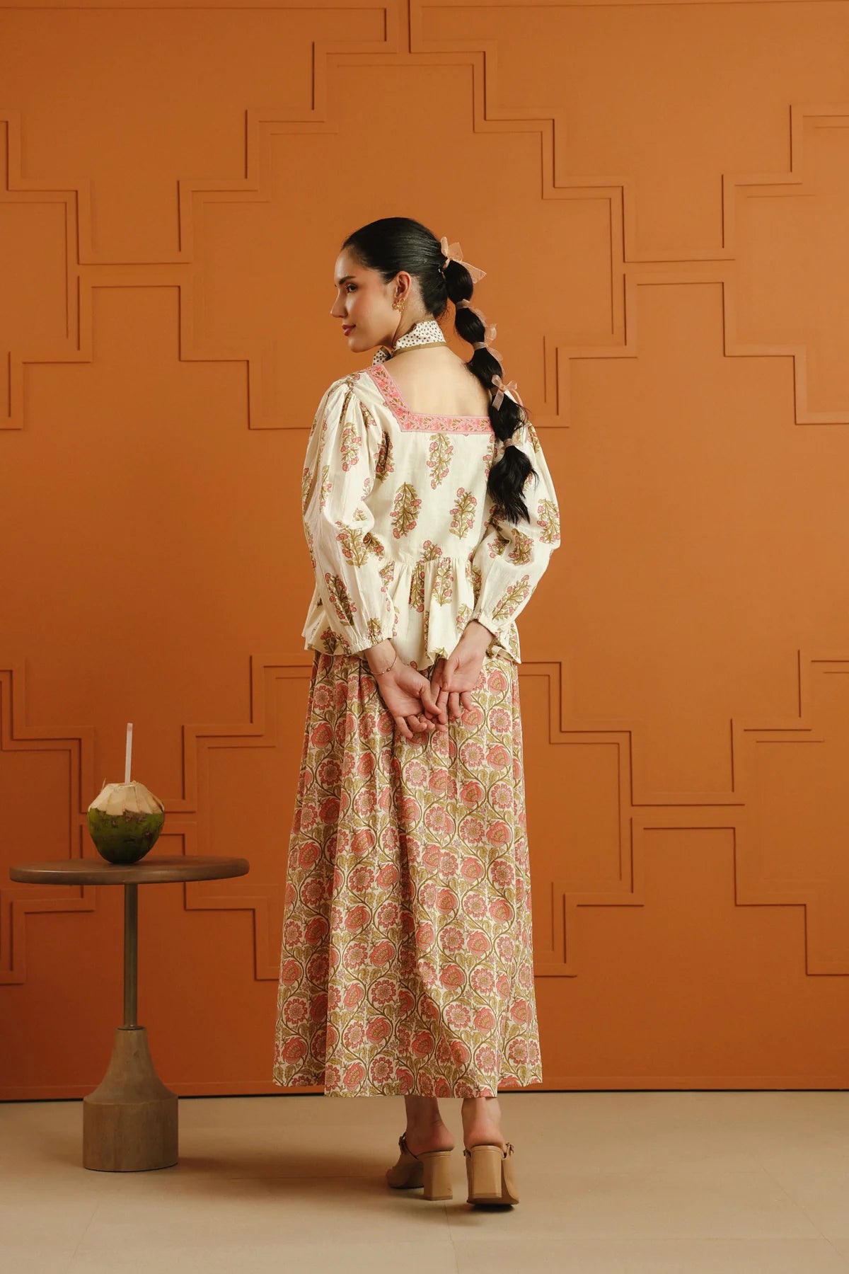Cream Floral Printed Cotton Top & Skirt Set