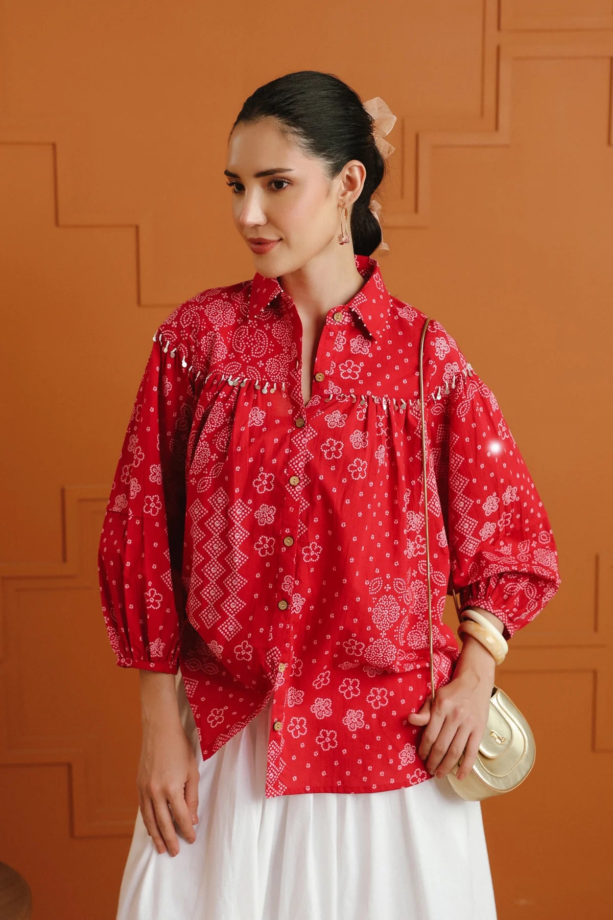 Light Pink Bandhej Ethnic Printed Cotton Shirt With Embellished Yoke