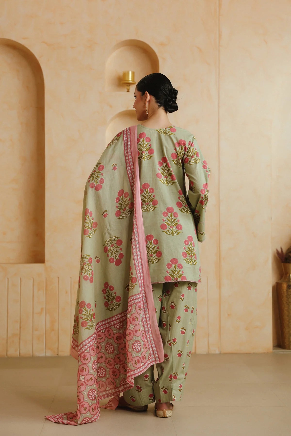 Green Printed Cotton Kurta, Farshi Salwar & Dupatta Set