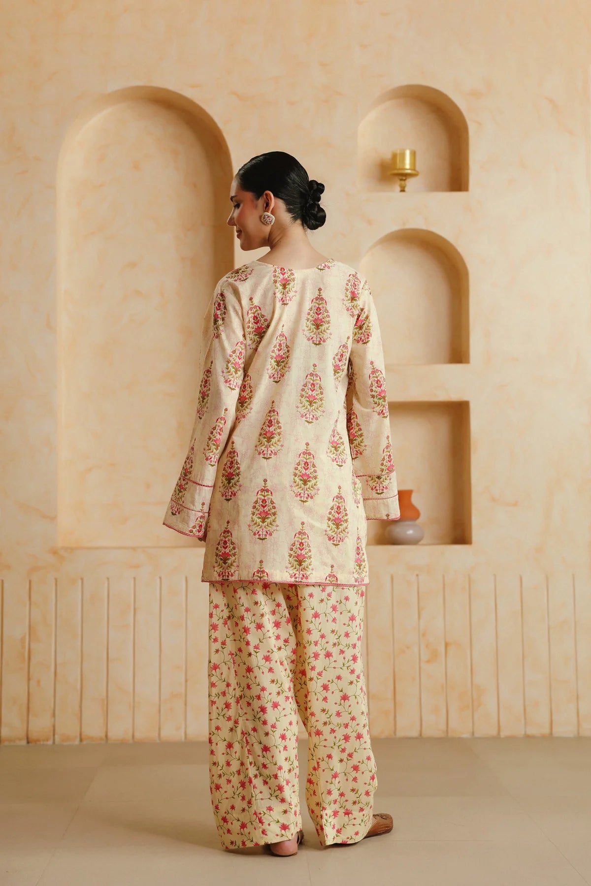 Cream Printed Cotton Kurta, Farshi Salwar & Dupatta Set