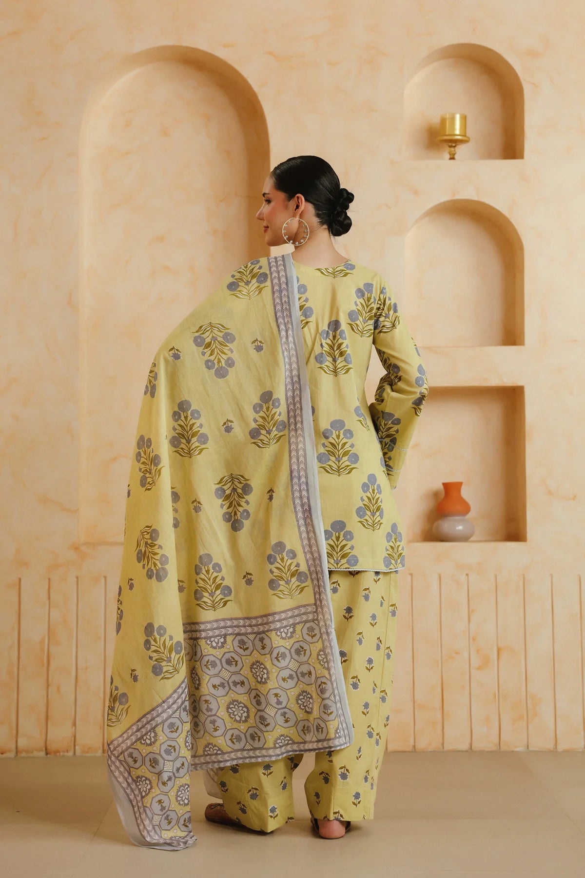Yellow Printed Cotton Kurta, Farshi Salwar & Dupatta Set