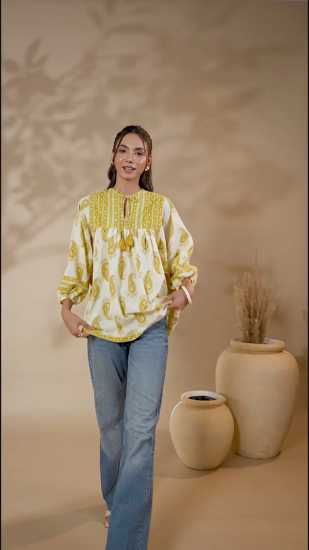 Cream Hand-Block Printed Boho Volume Sleeved Top