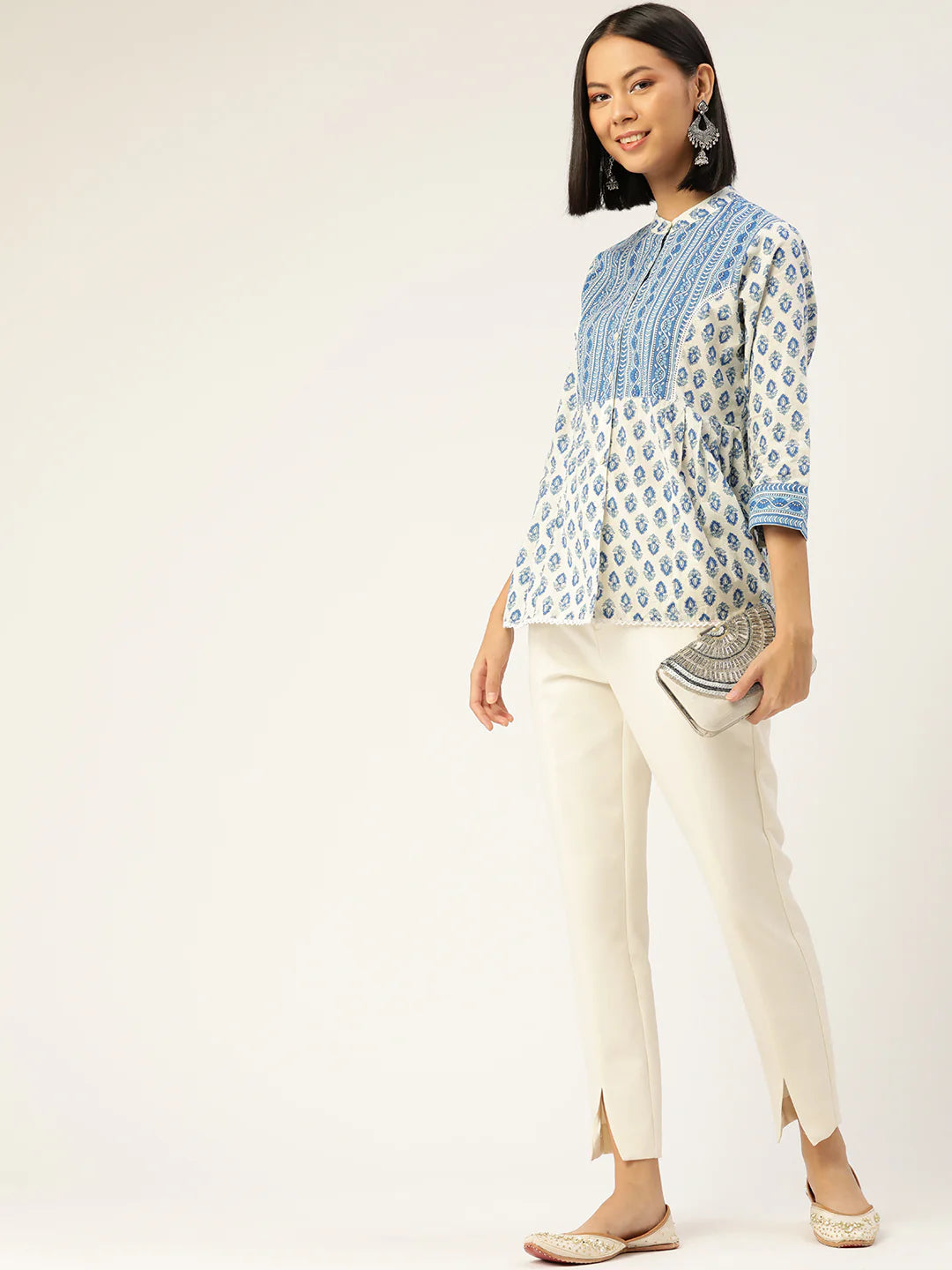 Off White & Blue Print Mandarin Collar Top