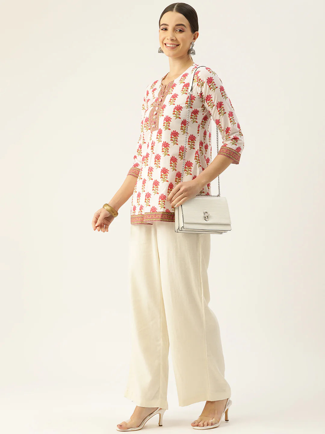 White Printed Sequinned Pure Cotton Kurti