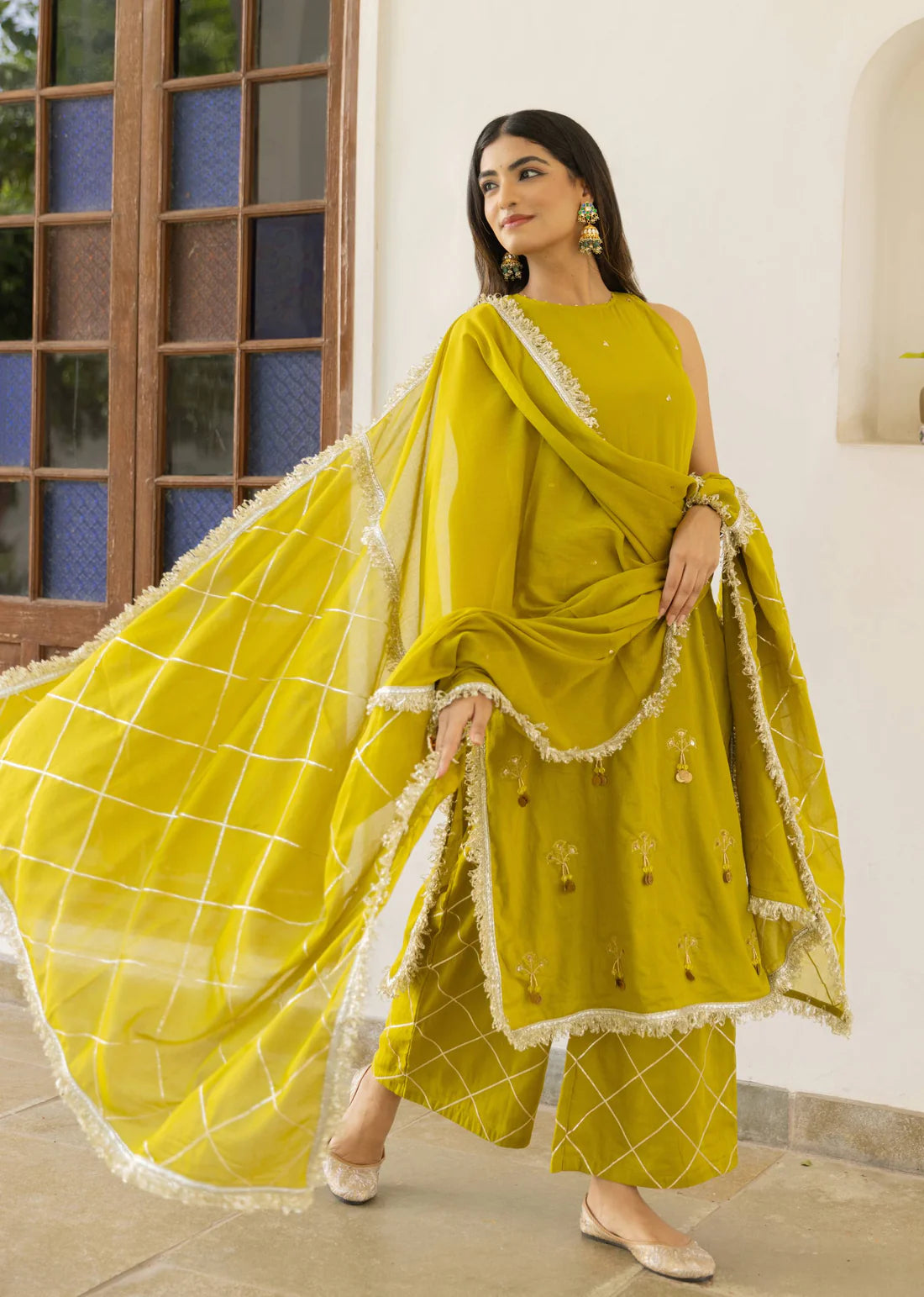 Halter Key Hole Straight Kurta Set - Mehndi Green