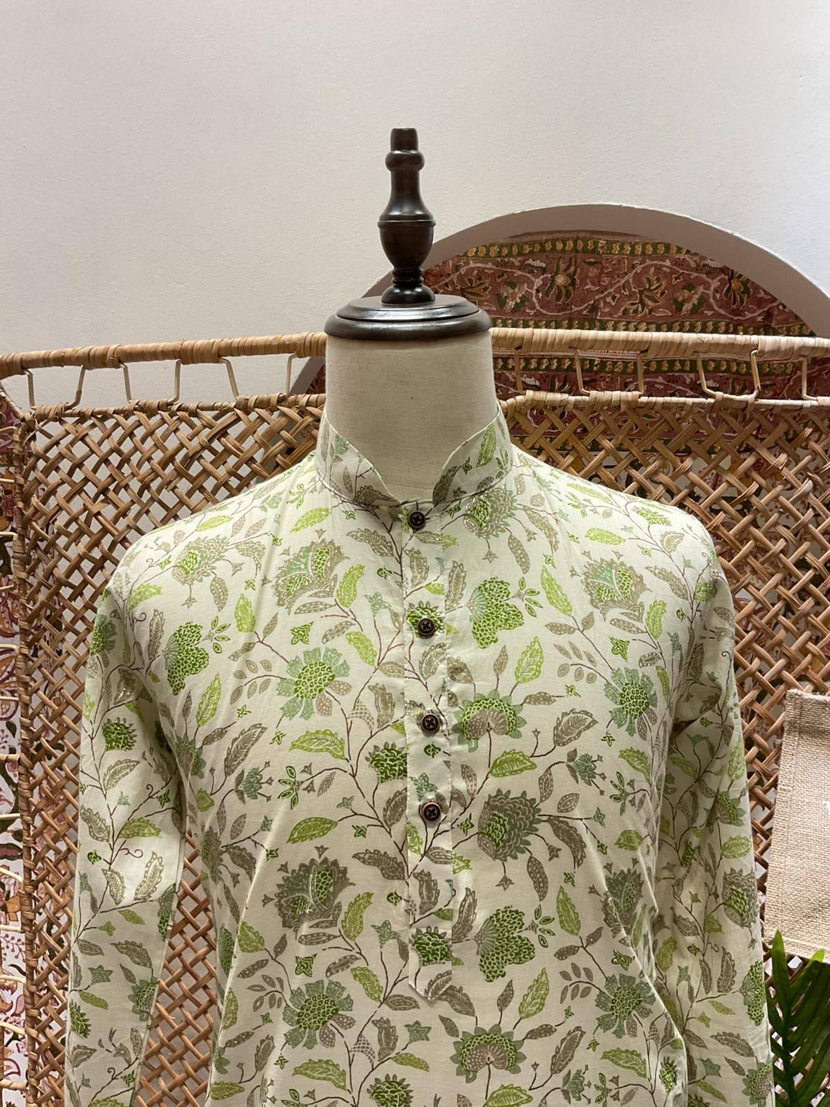 White and Green Floral Long Kurta