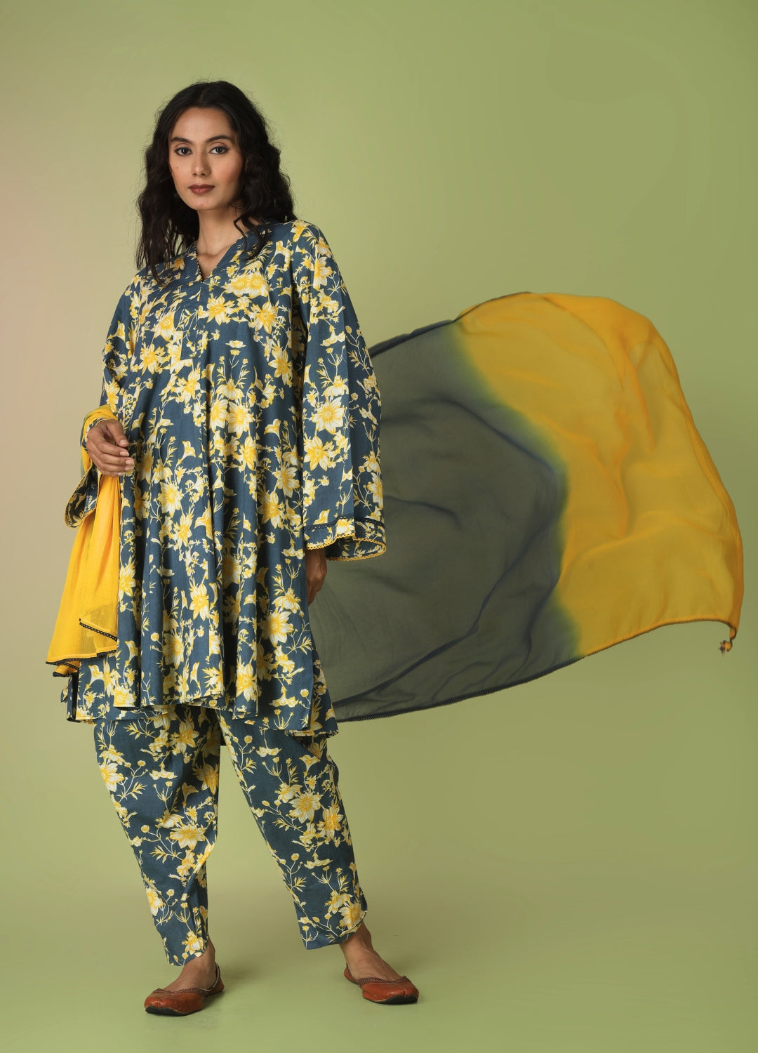 Blue Short Kurta with Tulip Pant Suit Set