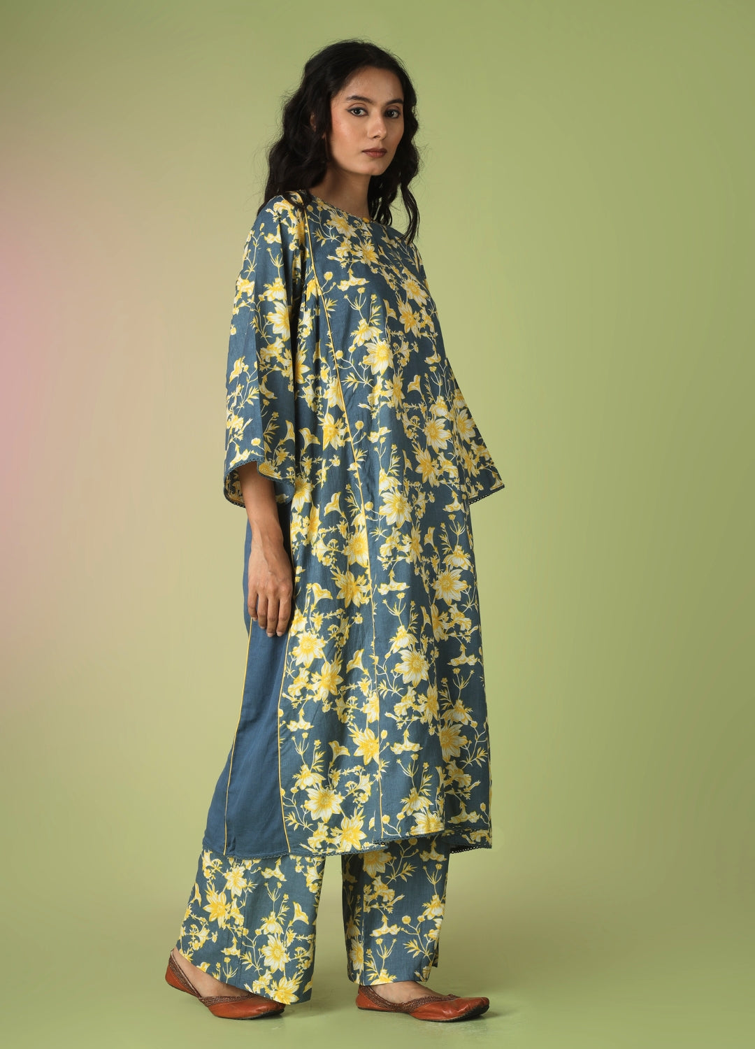 Blue Printed Side Gathered Anarkali Set