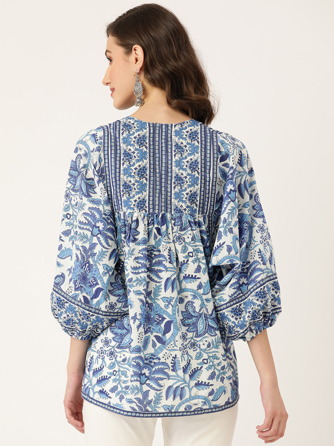 Blue Hand-Block Printed Boho Volume Sleeved Top