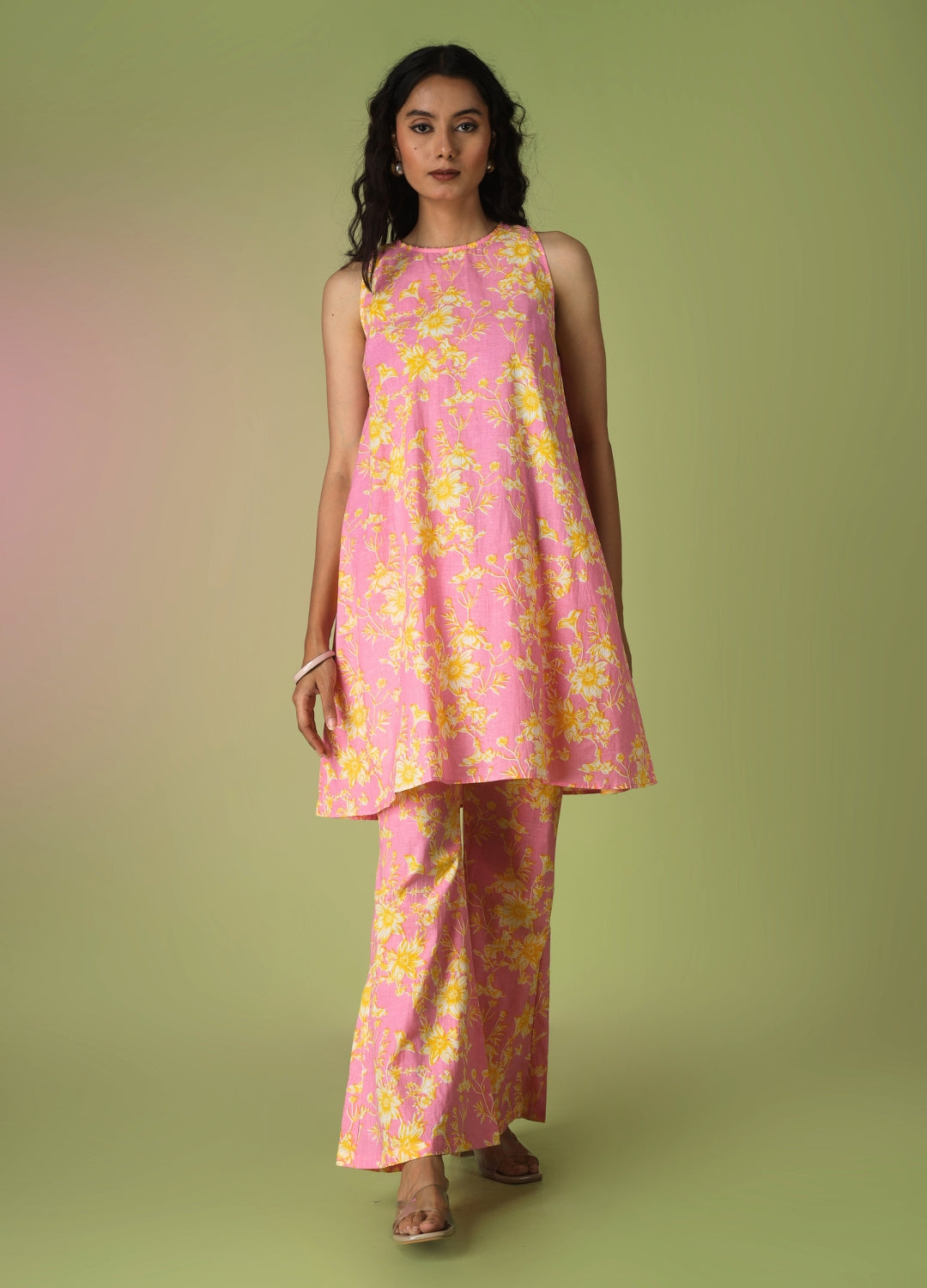 Pink Sleeveless Kurta with Flared Pants