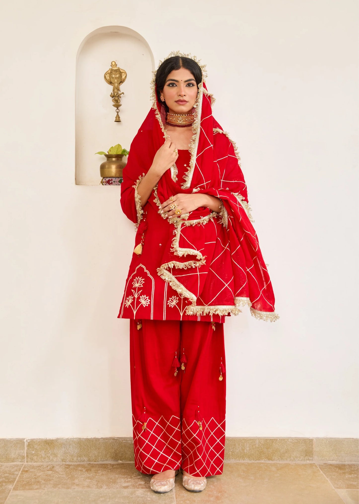 Strappy Kurta with Farshi Shalwar - Kumkum Red