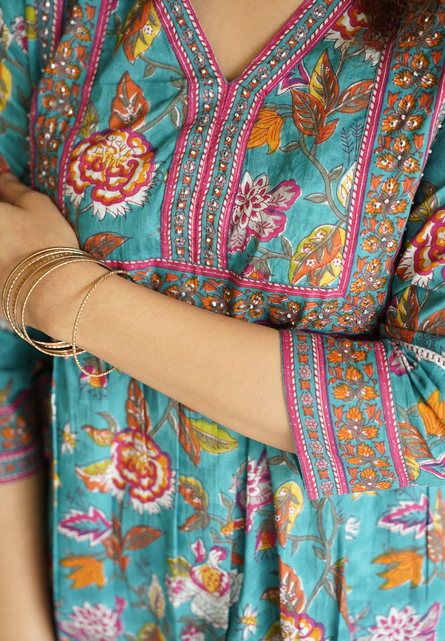 Sea Green Floral Print Cotton Top