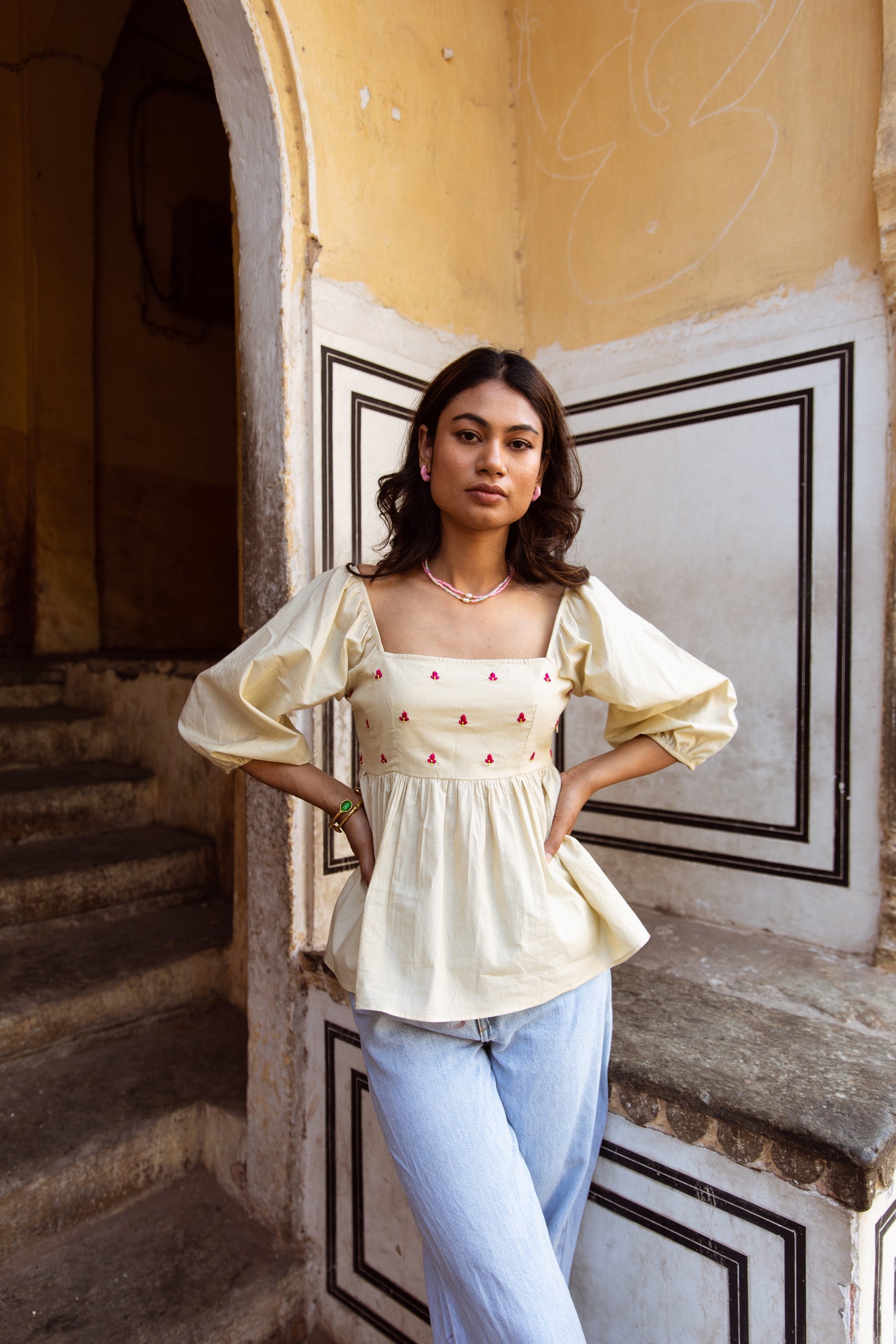 Cream Solid Sleeved Top