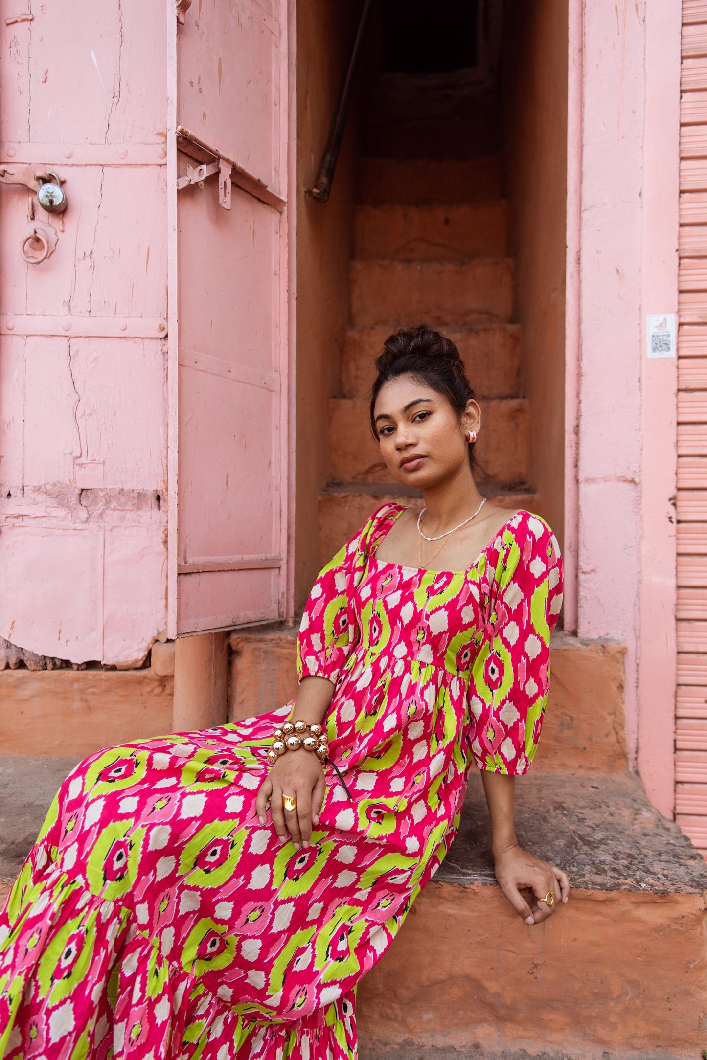 Pink Printed Sleeved Dress