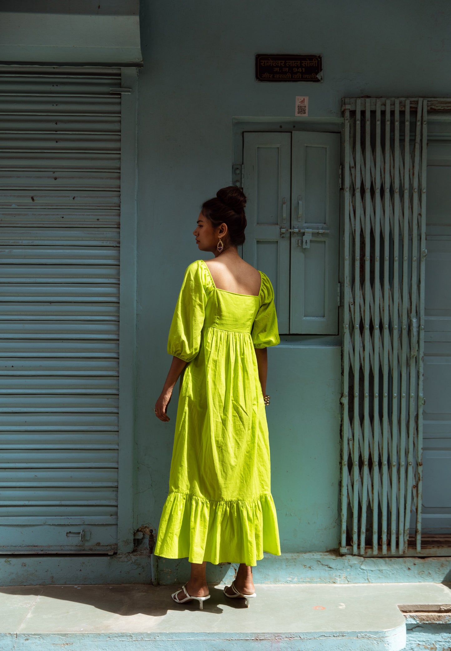 Green Solid Sleeved Dress