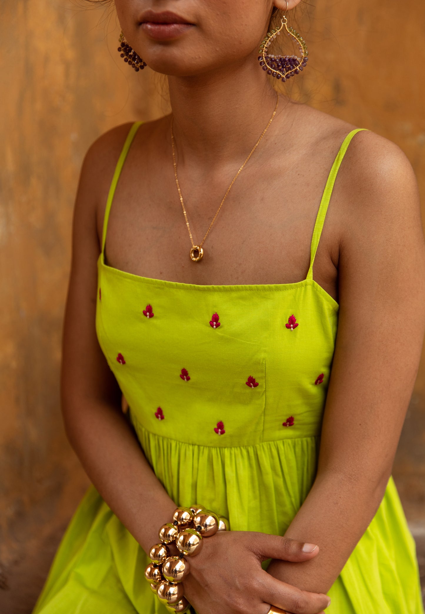 Green Solid Thin Strap Dress