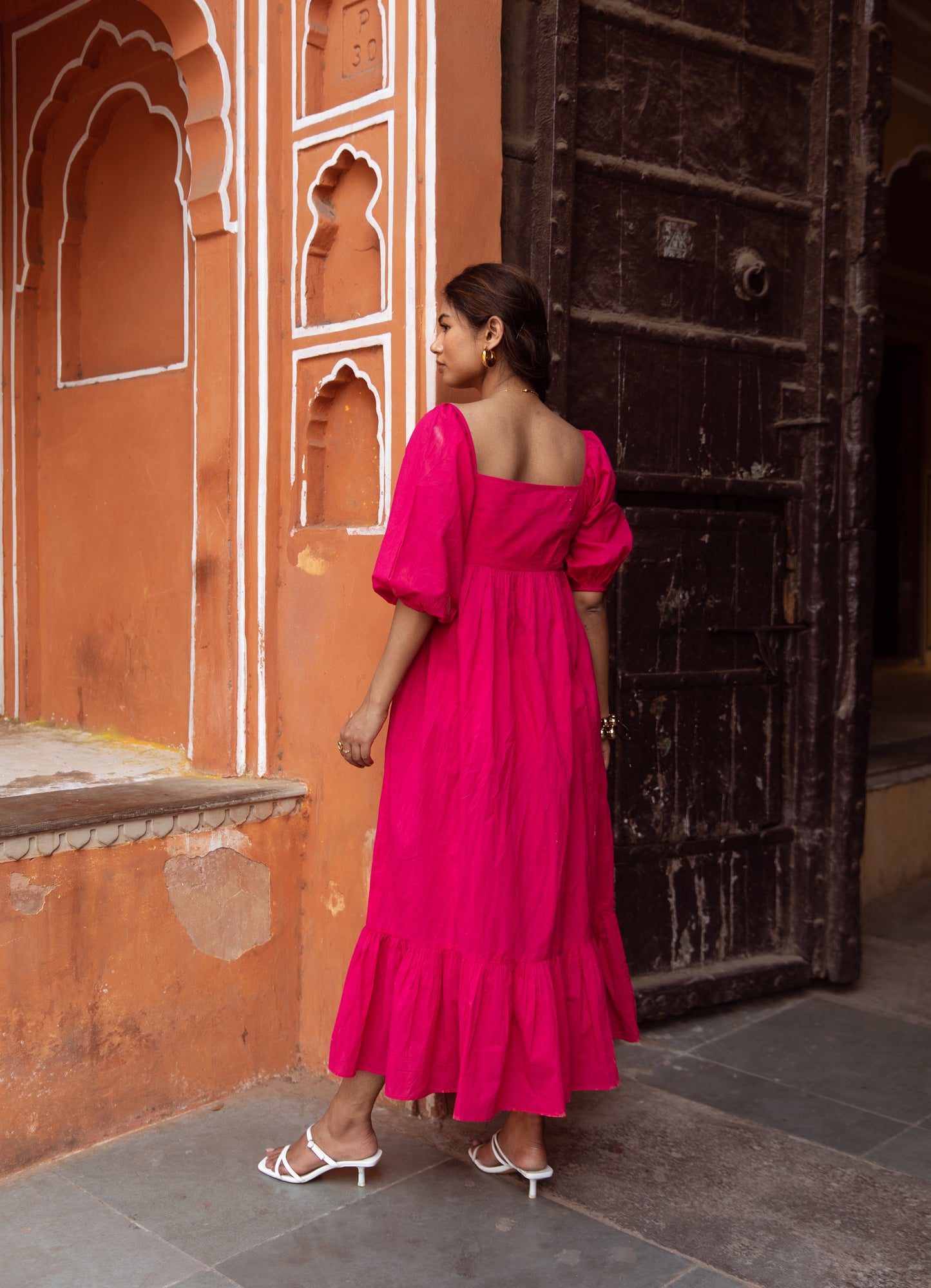 Pink Solid Sleeved Dress
