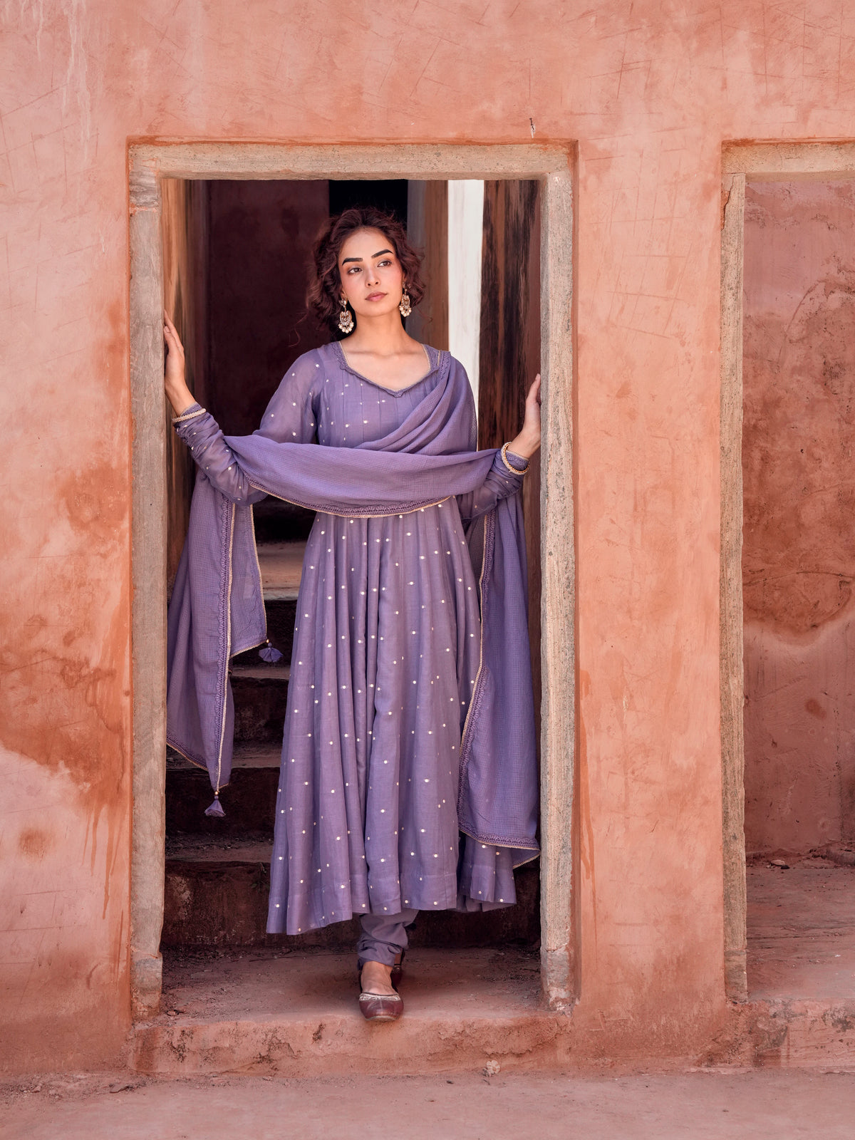 VIOLET MULMUL ANARKALI SUIT SET