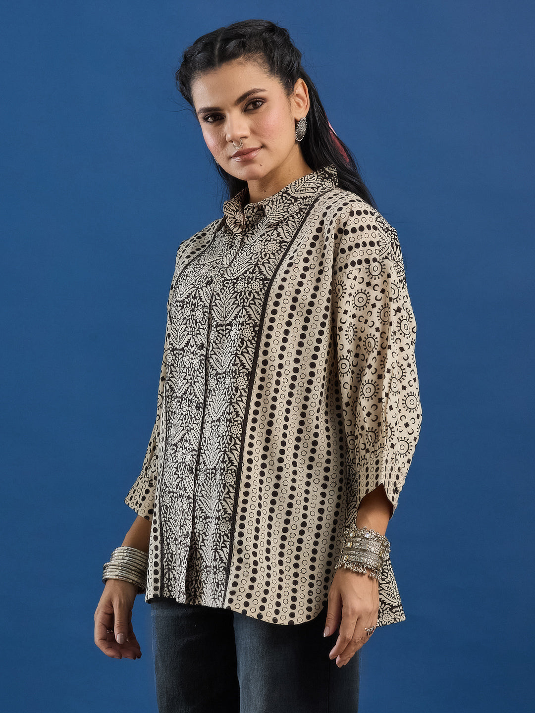 Black Handblock Printed Loose Fit Cotton Shirt
