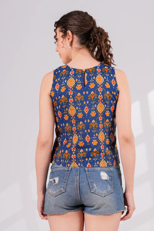 Blue Ikkat Back Key Hole Top