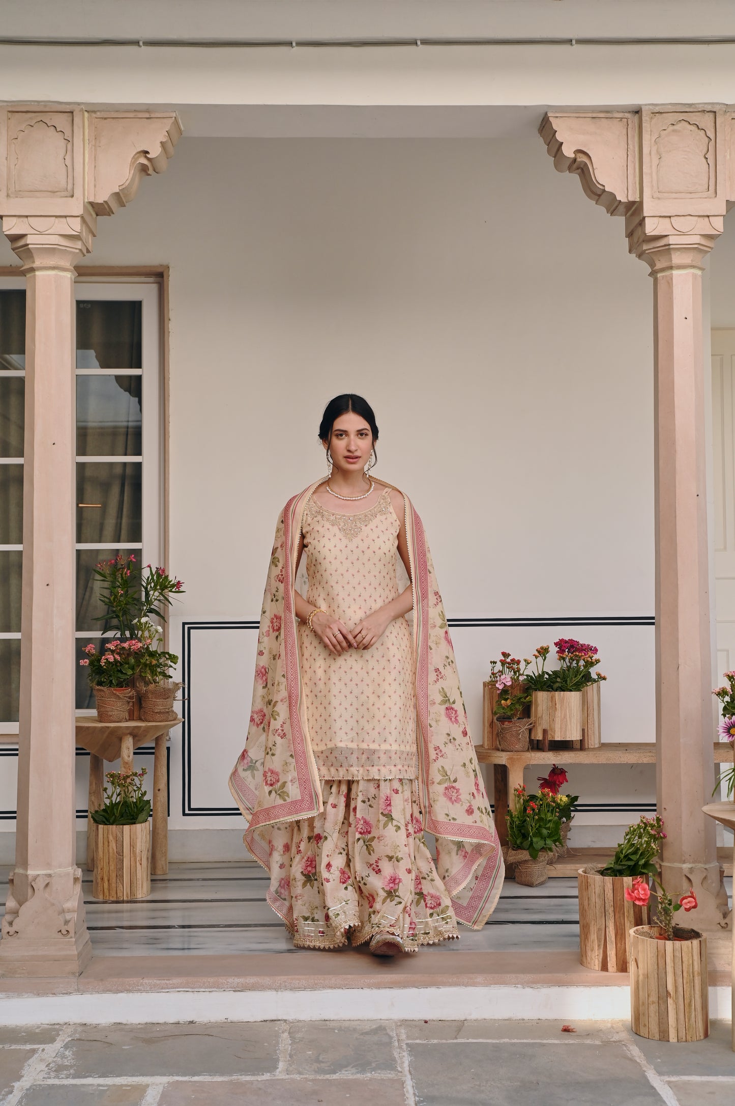 CREAM PRINTED SHARARA SET
