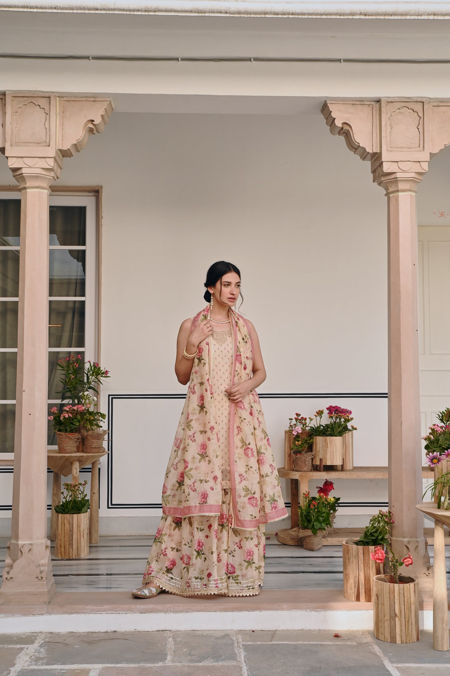 CREAM PRINTED SHARARA SET