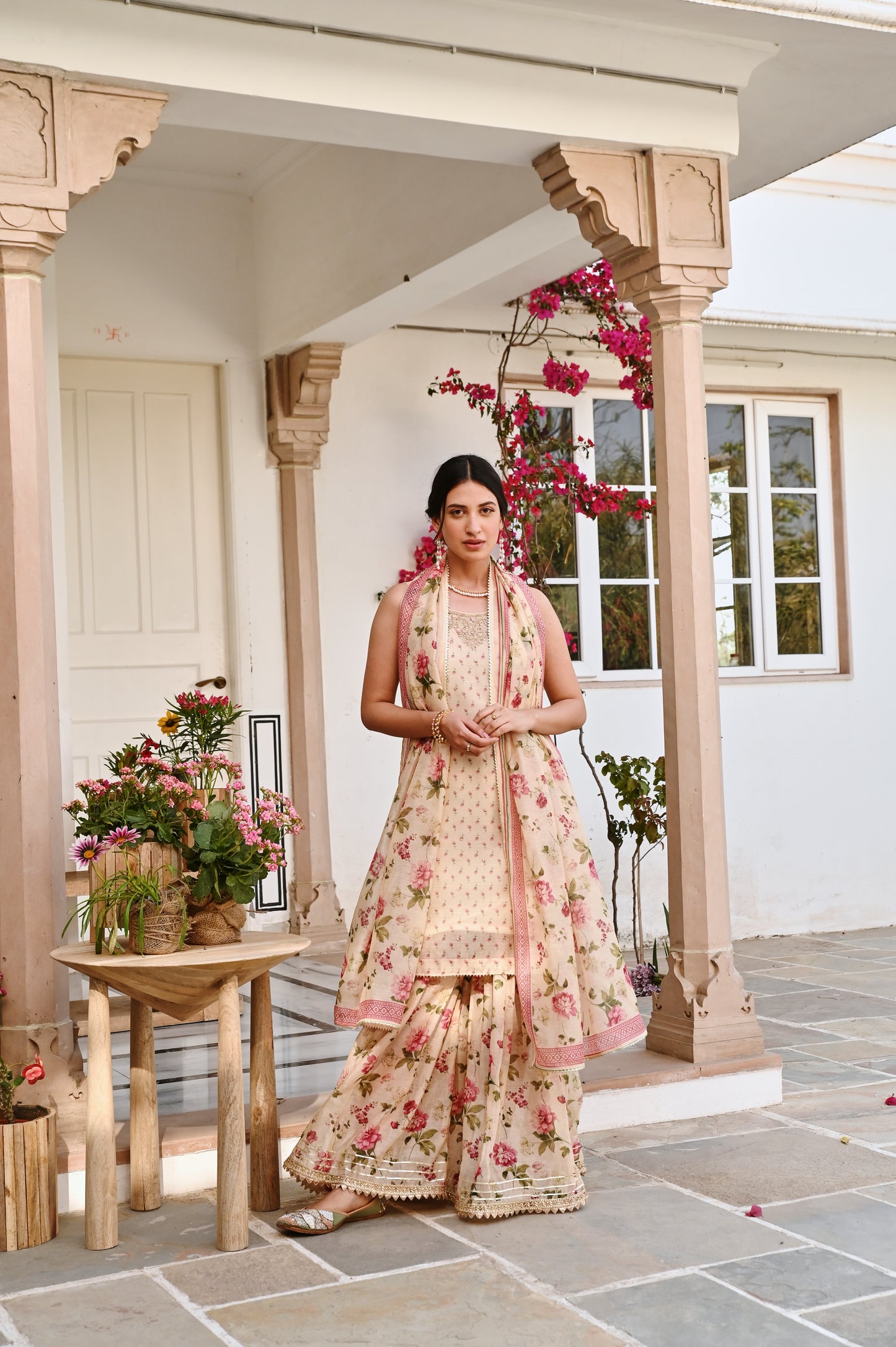 CREAM PRINTED SHARARA SET