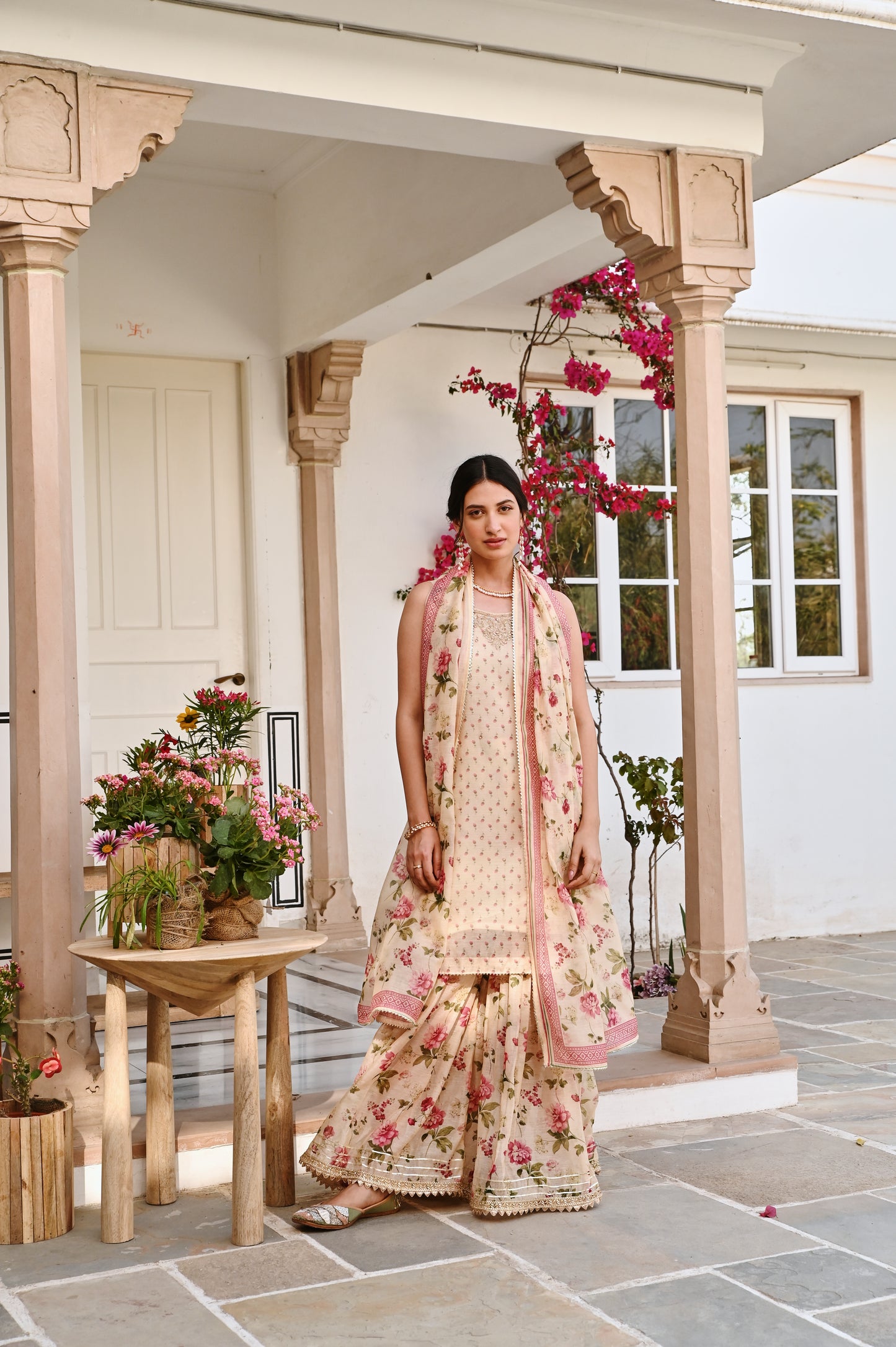 CREAM PRINTED SHARARA SET