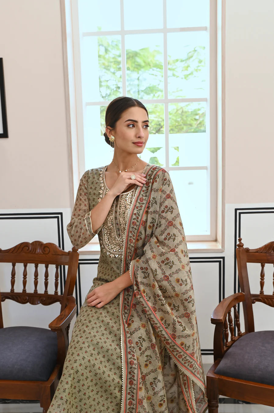 SAGE GREEN GOTA PATTI NECK EMBROIDERY CHANDERI KURTA SET