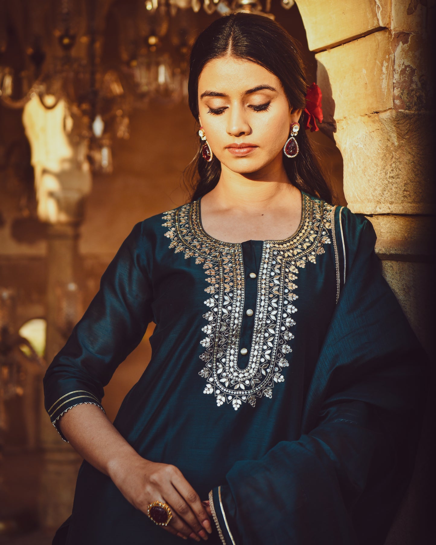 JASHN TEAL BLUE GOTA PATTI KURTA SET