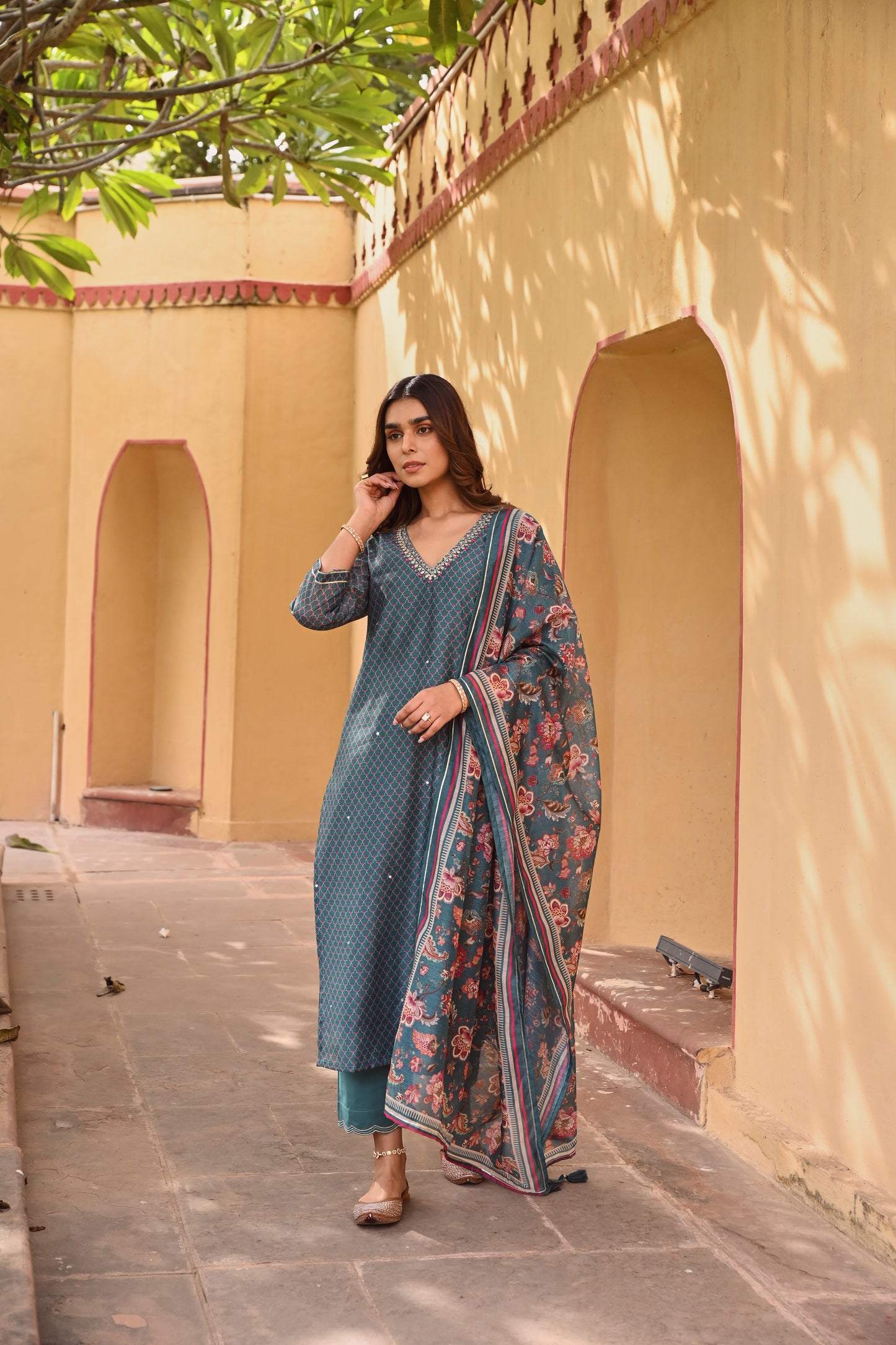V-NECK TEAL GREEN CHANDERI KURTA SET