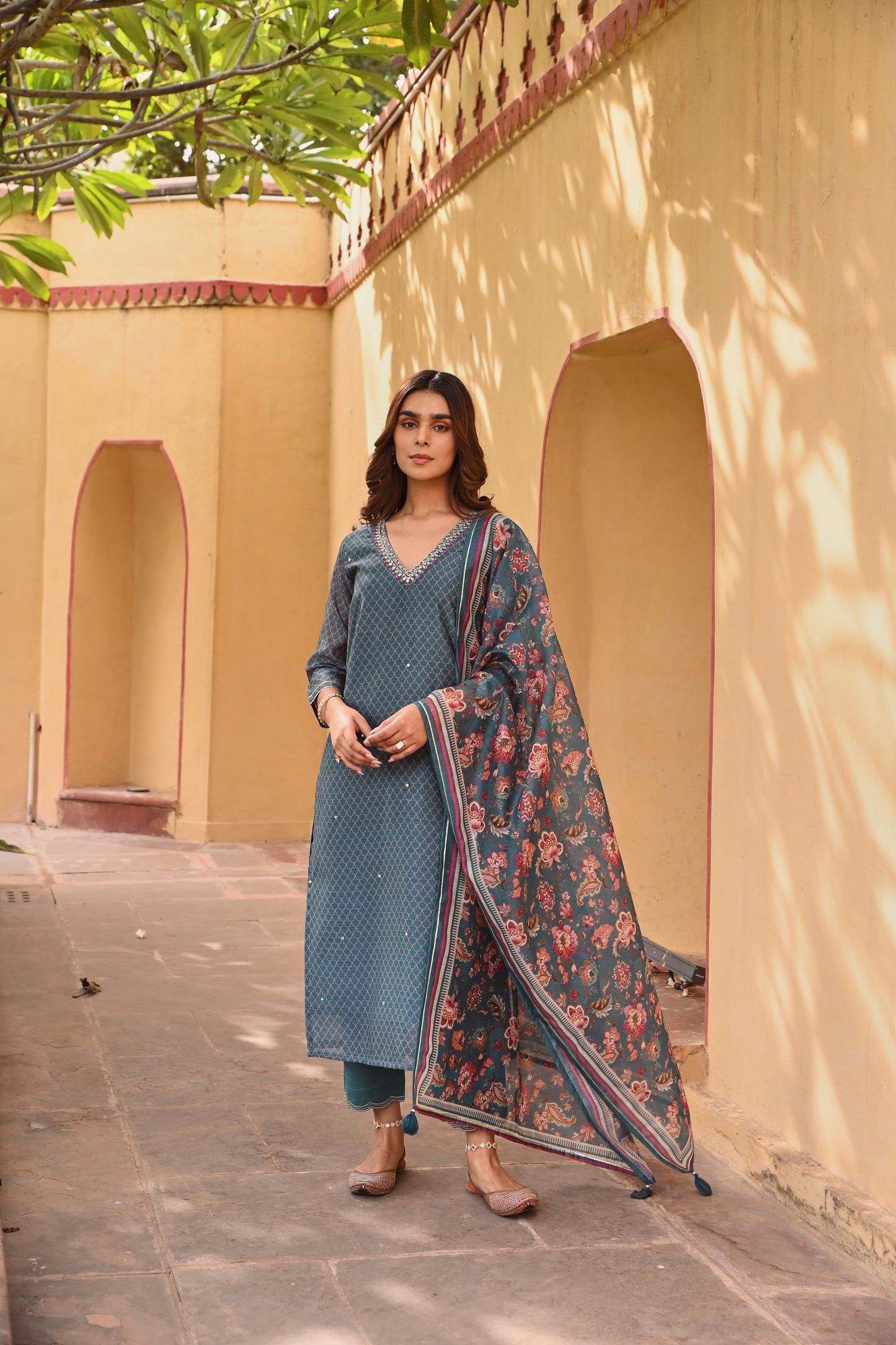 V-NECK TEAL GREEN CHANDERI KURTA SET