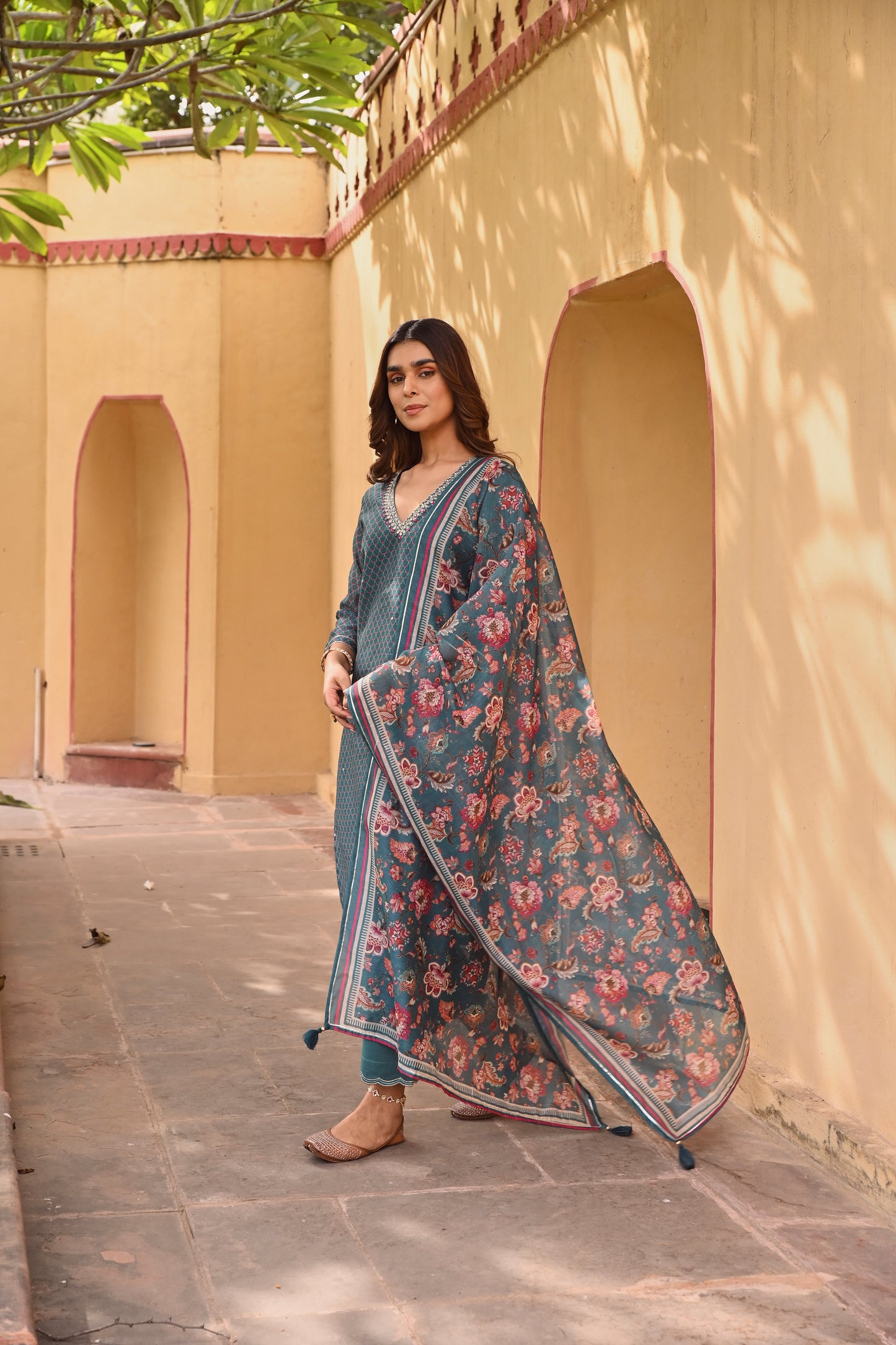 V-NECK TEAL GREEN CHANDERI KURTA SET