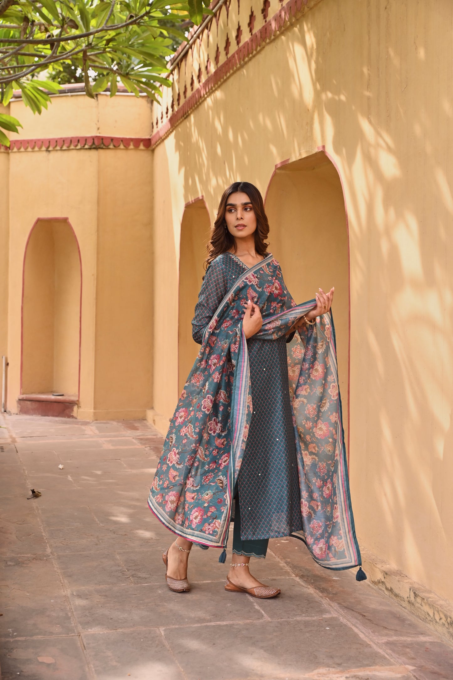V-NECK TEAL GREEN CHANDERI KURTA SET