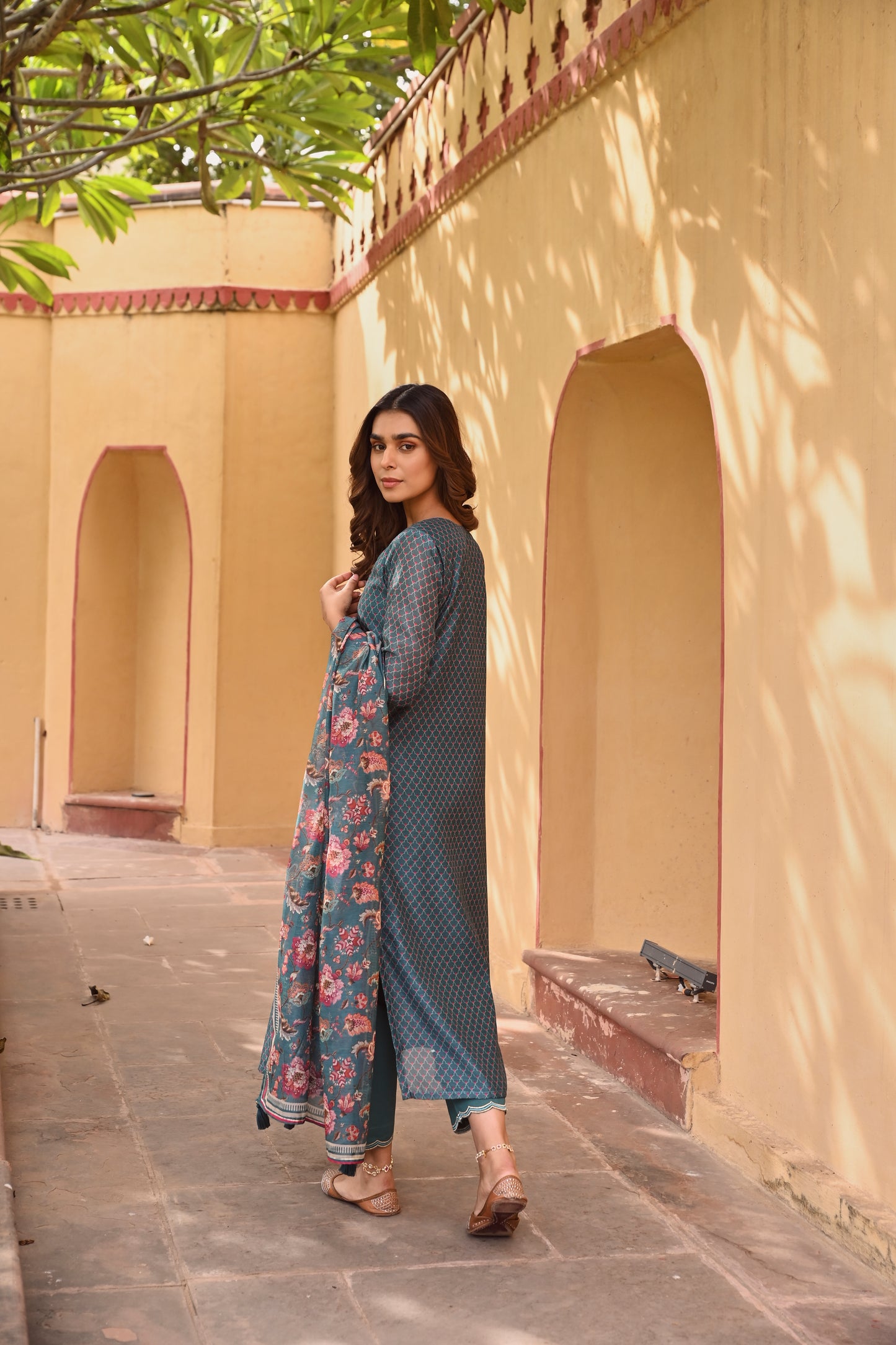 V-NECK TEAL GREEN CHANDERI KURTA SET