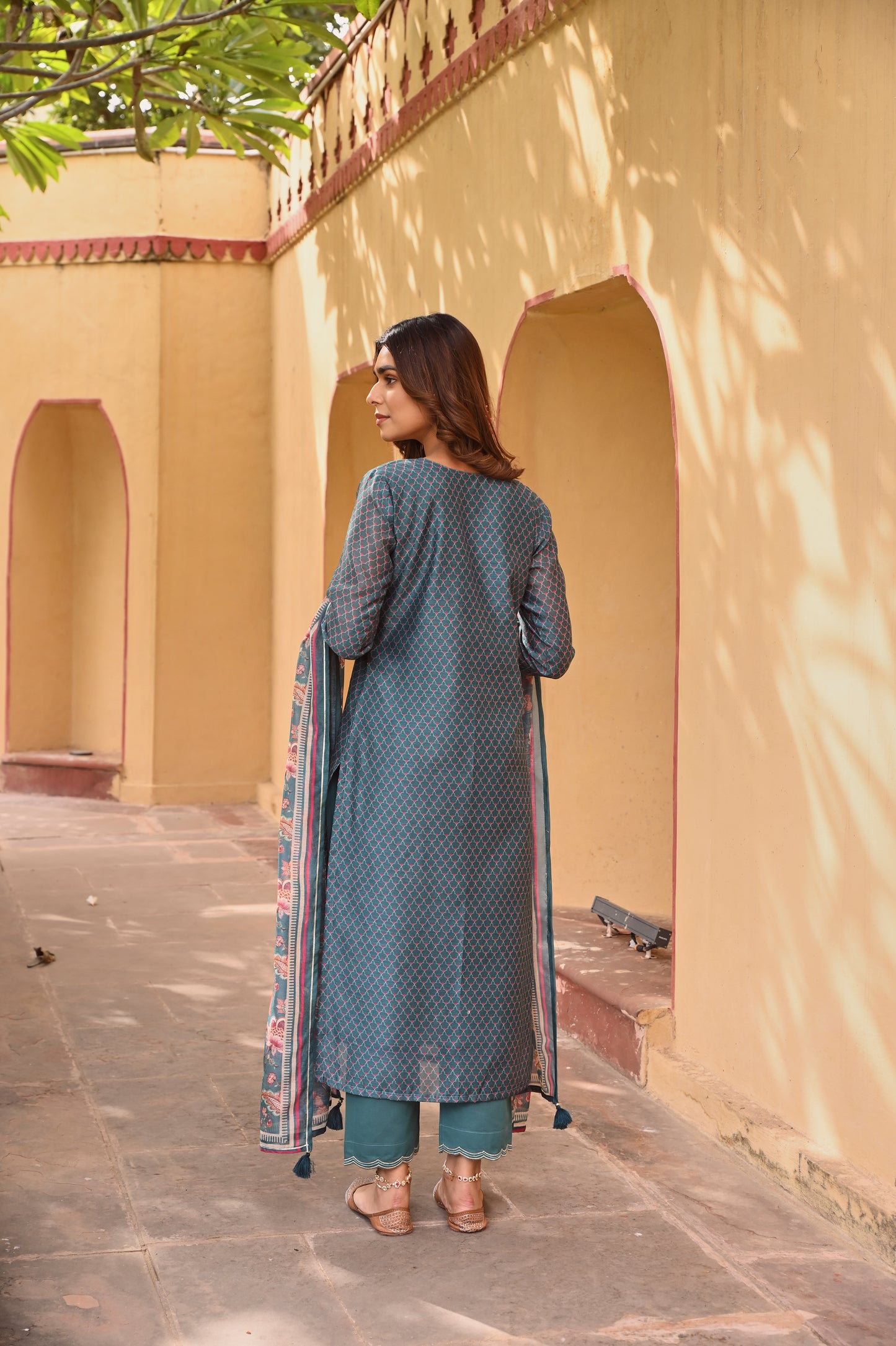 V-NECK TEAL GREEN CHANDERI KURTA SET